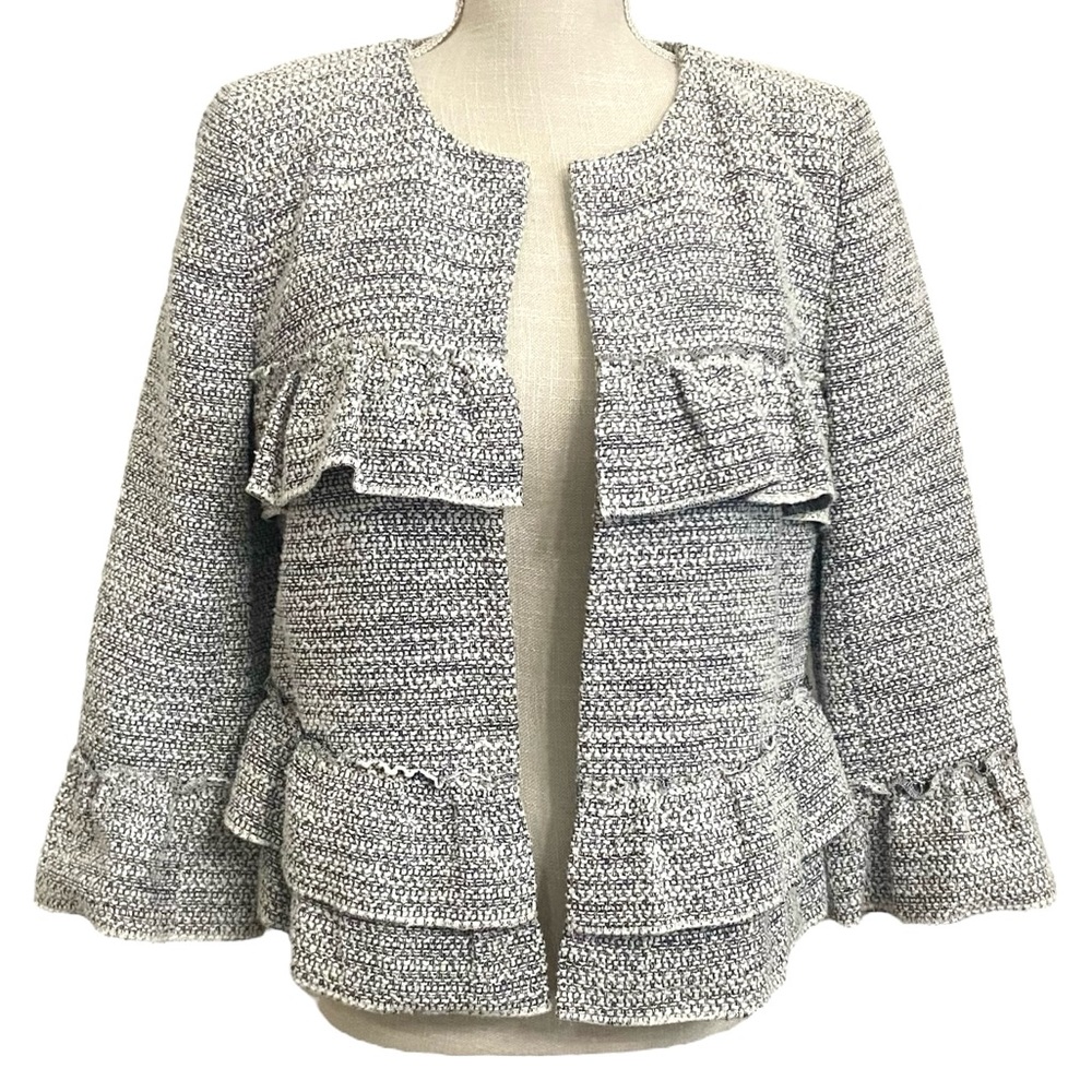 LOFT outlet Tweed Navy & White Ruffed Open Front 3/4 Sleeve Blazer- Size 8